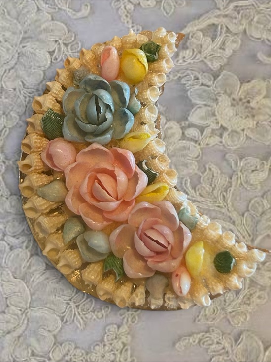 Jewelry - 1930-40s Shell Crescent Moon Brooch Pastel Floral Bouquet Carved Shell Jewelry